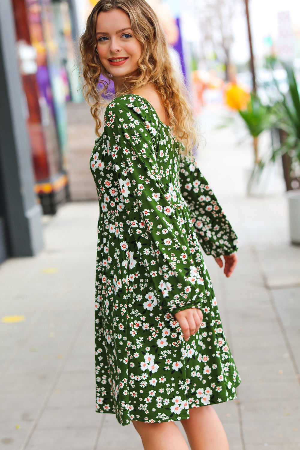 Haptics Positive Perceptions Olive Ditsy Floral Square Neck Dress
