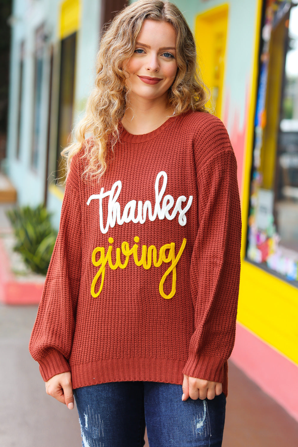 Haptics All I Want Thanksgiving Pop Up Embroidery Chunky Sweater