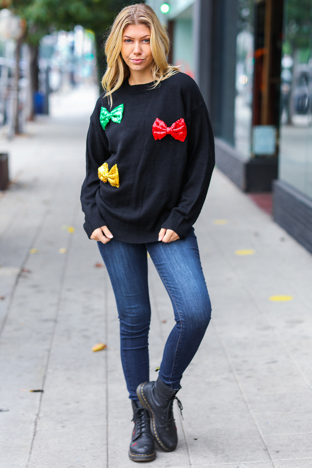 Haptics Be Merry Black Multicolor Sequin Bow Knit Sweater
