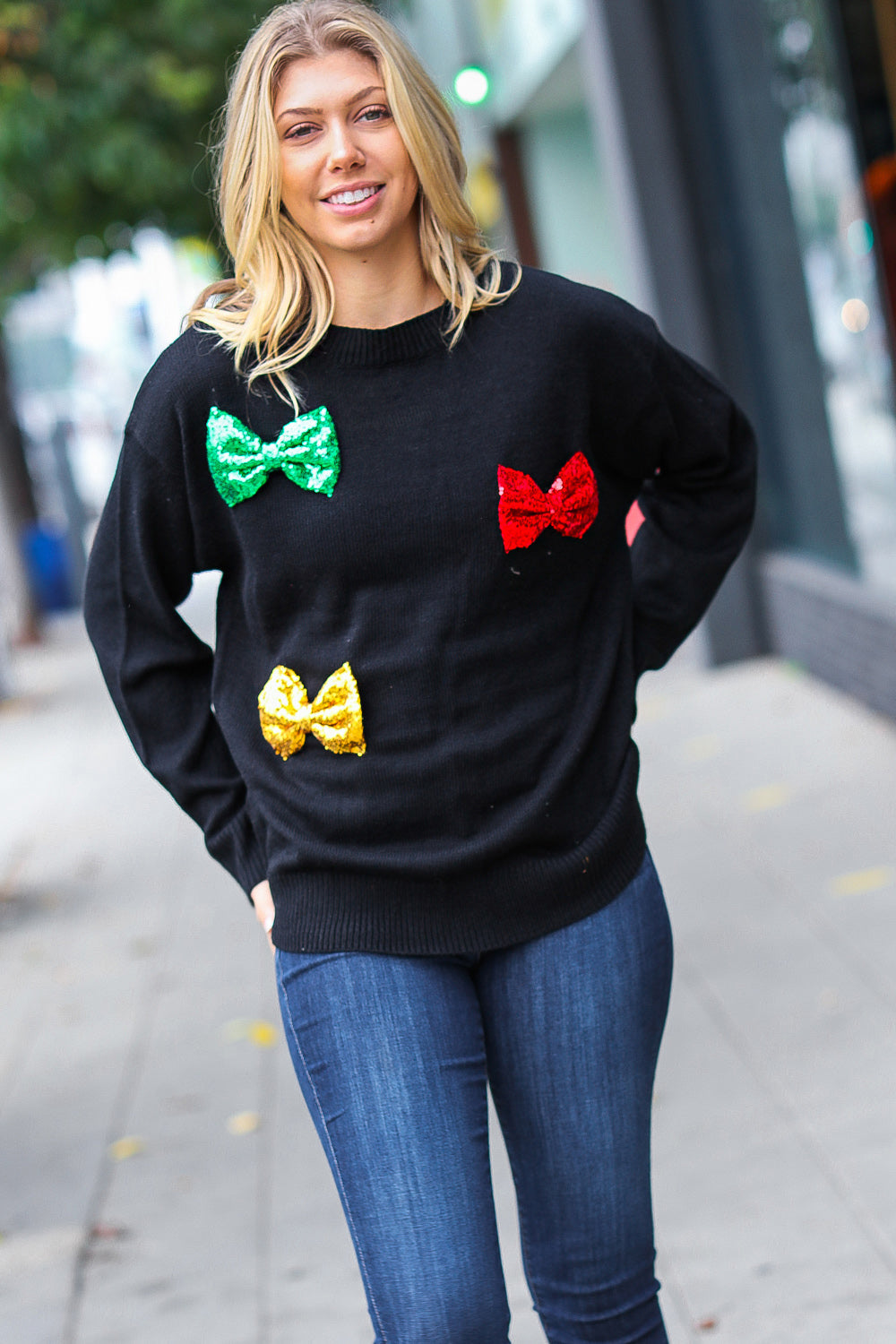 Haptics Be Merry Black Multicolor Sequin Bow Knit Sweater
