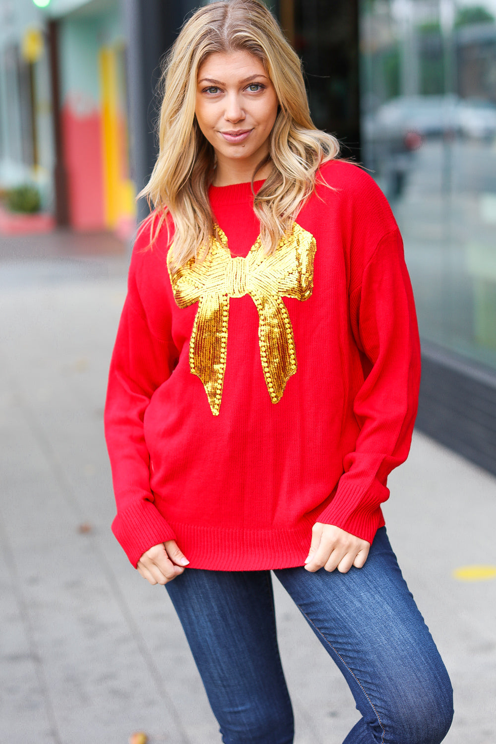 Haptics All I Want Red Sequin Bow Embroidery Knit Sweater