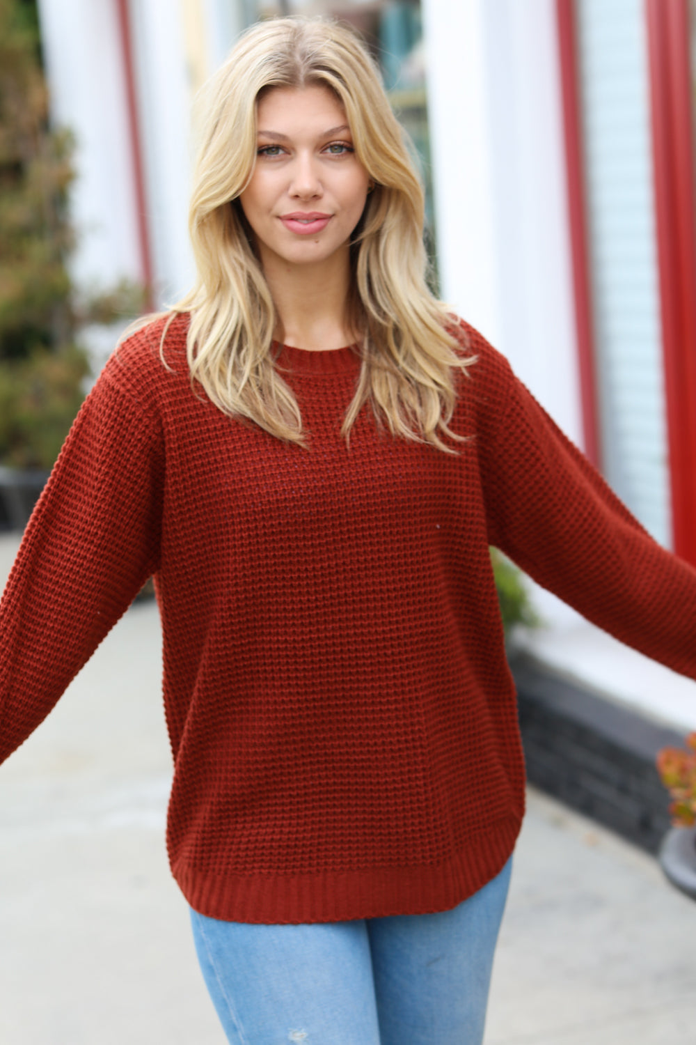 Zenana All Put Together Dark Rust Waffle Knit Hi-Low Sweater