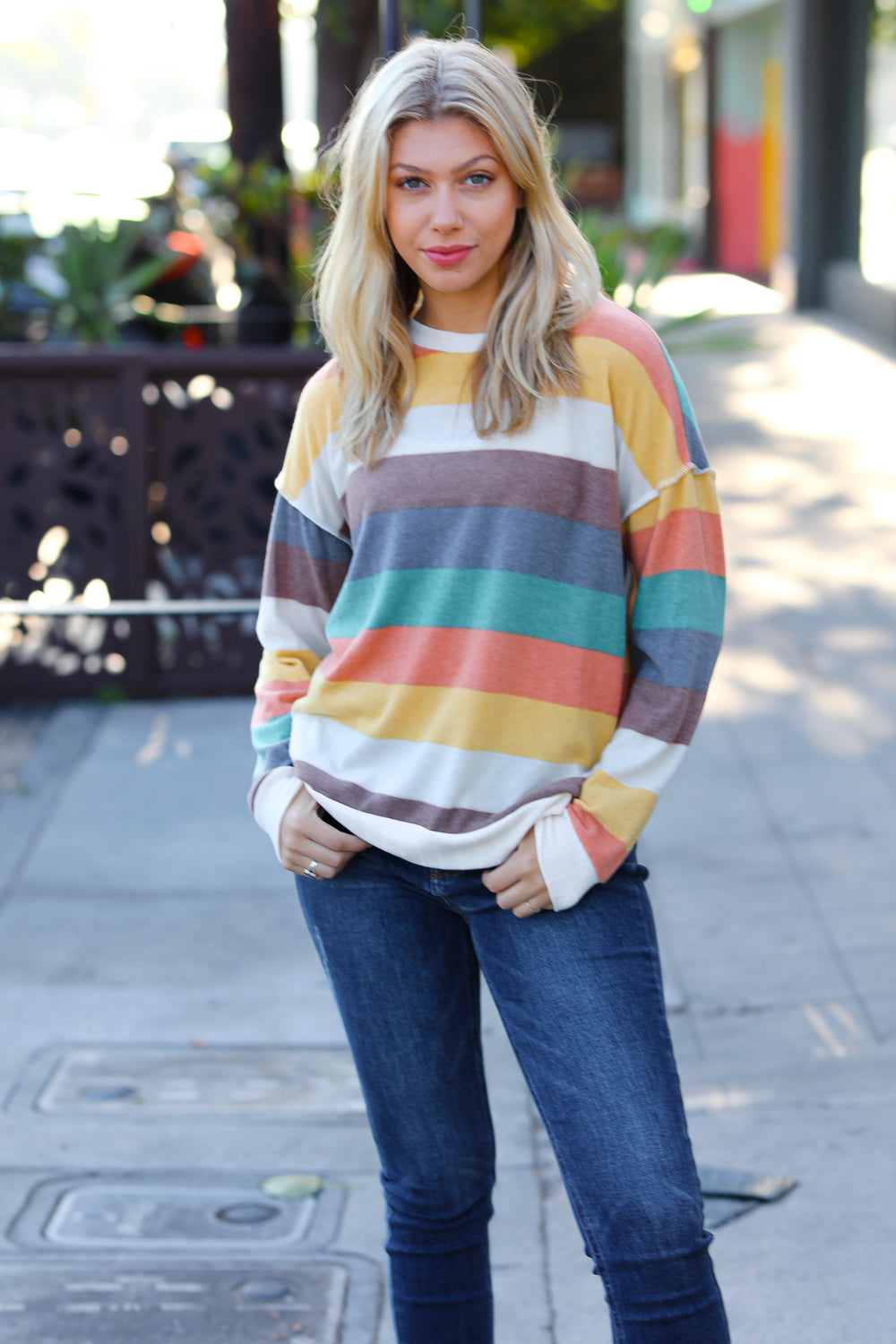 Haptics Teal & Mustard Stripe Hacci Outseam Sweater Top
