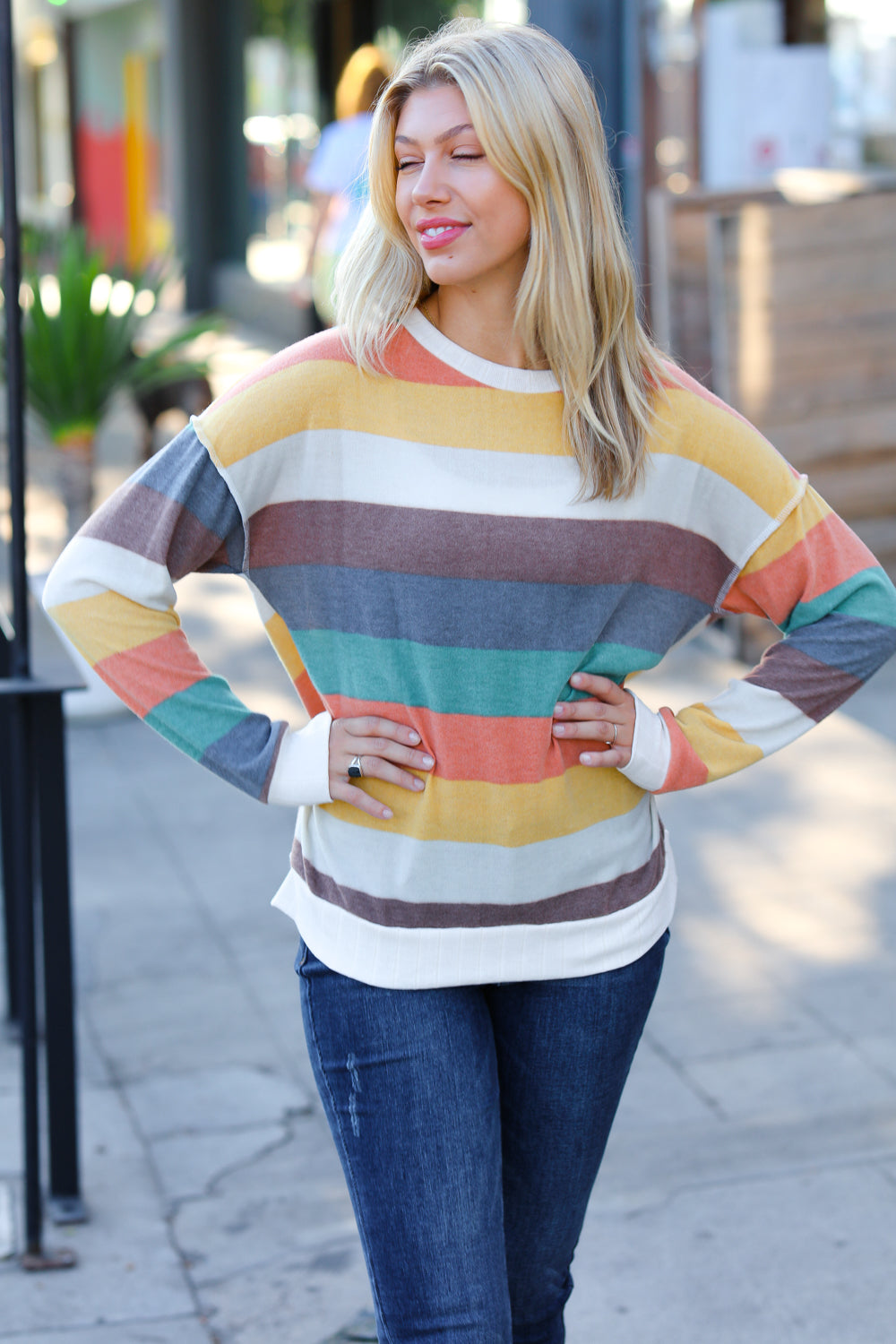 Haptics Teal & Mustard Stripe Hacci Outseam Sweater Top