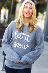 Haptics Take Me In Grey Embroidery "Let It Snow" Lurex Sweater