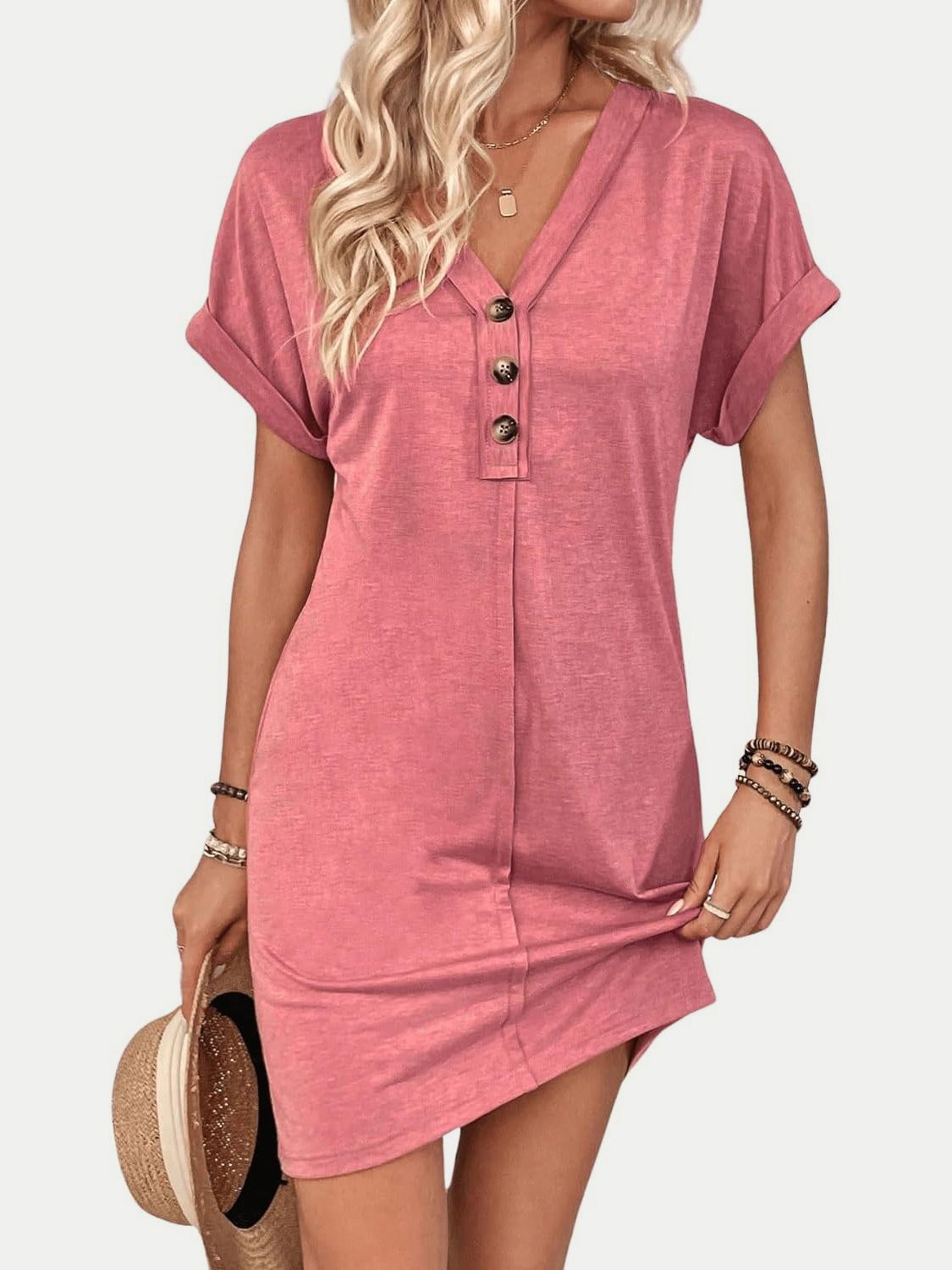 Quarter Button V-Neck Short Sleeve Dress