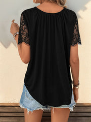 Lace Detail V-Neck Short Sleeve T-Shirt