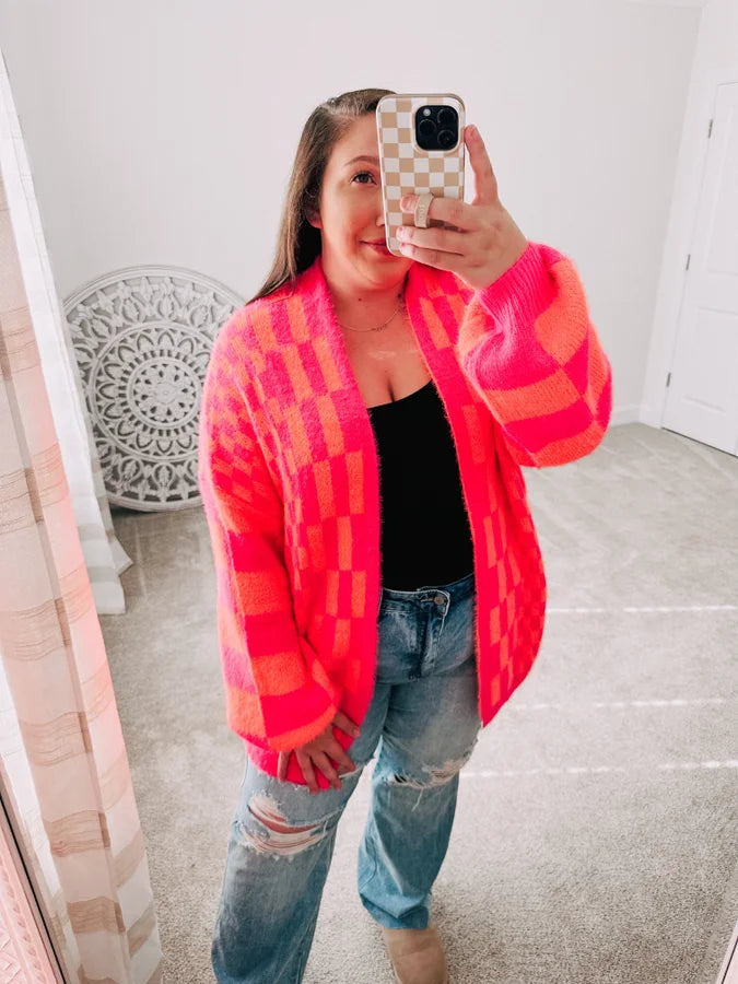 Noticed in Neon Checkered Cardigan in Pink and Orange