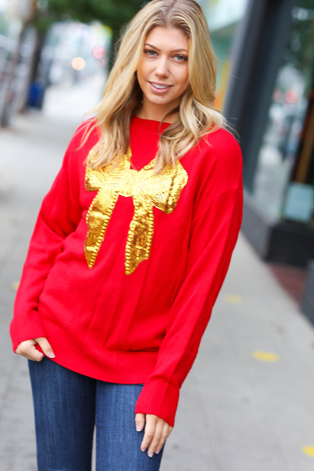 Haptics All I Want Red Sequin Bow Embroidery Knit Sweater