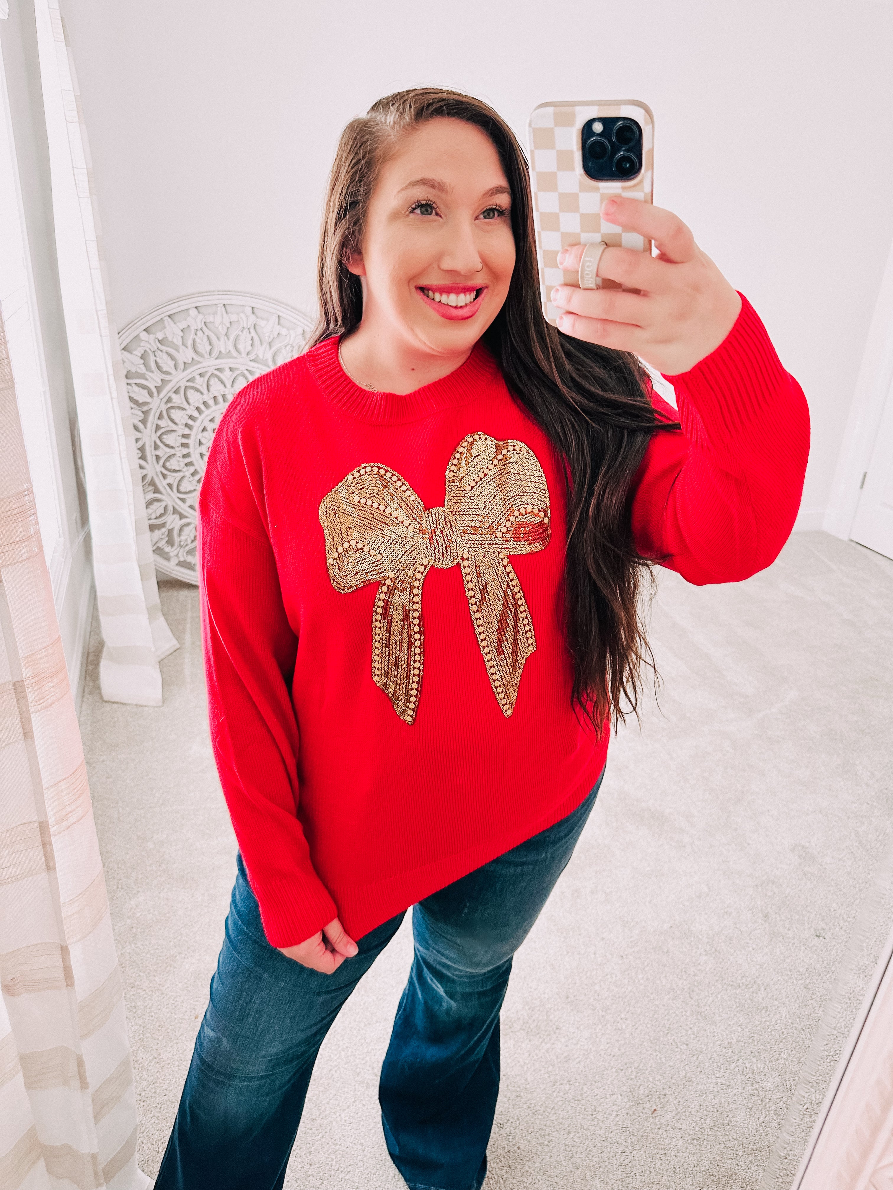 Haptics All I Want Red Sequin Bow Embroidery Knit Sweater