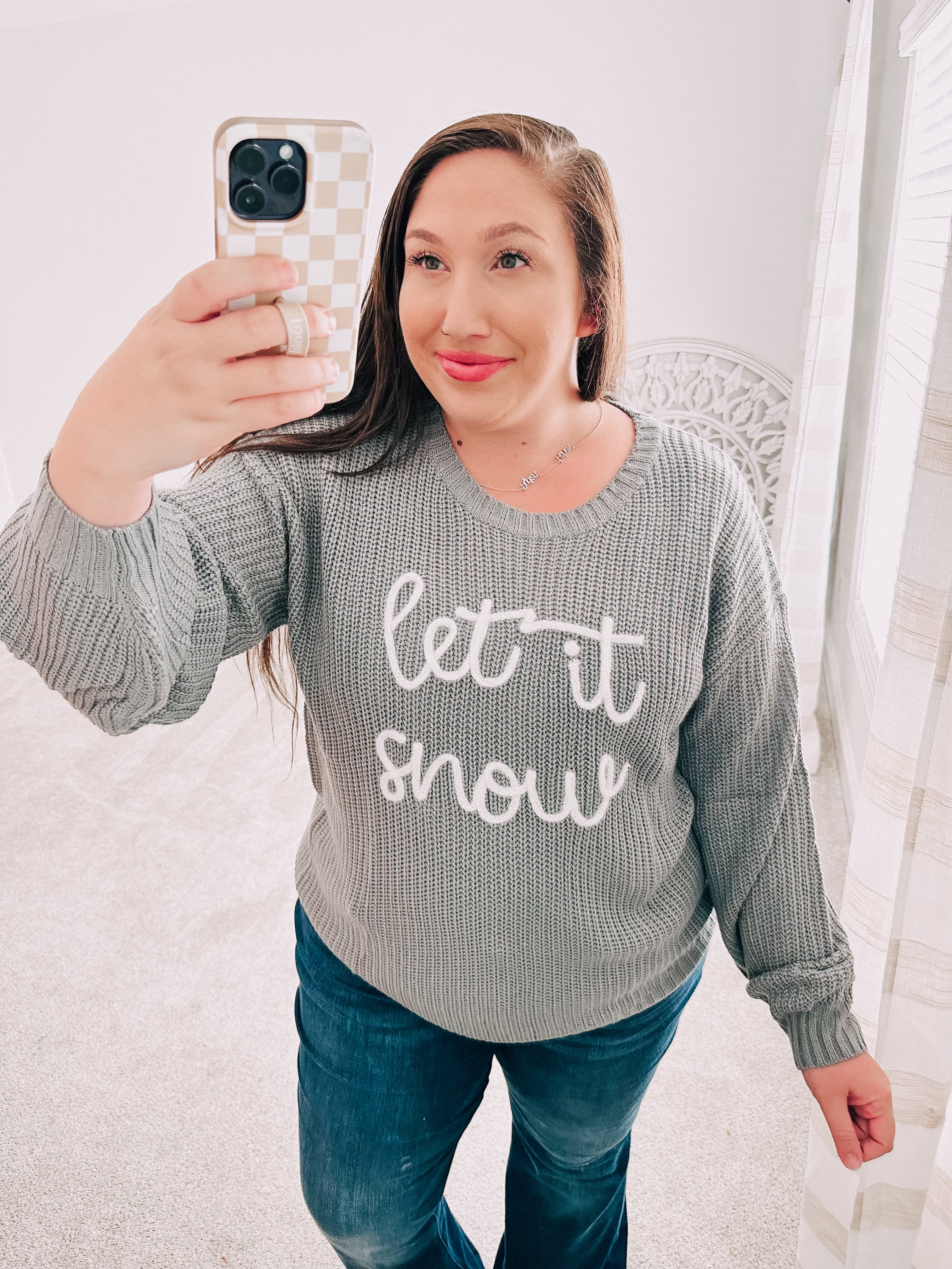 Haptics Take Me In Grey Embroidery "Let It Snow" Lurex Sweater