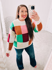Haptics Adorable Ivory & Camel Checker Jacquard Knit Sweater