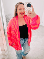 Noticed in Neon Checkered Cardigan in Pink and Orange