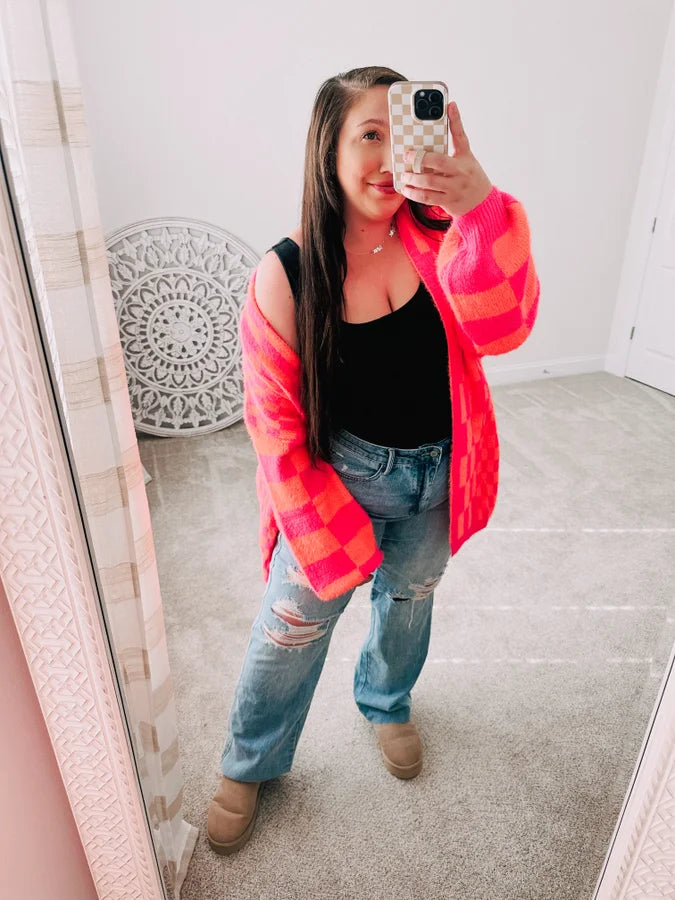 Noticed in Neon Checkered Cardigan in Pink and Orange